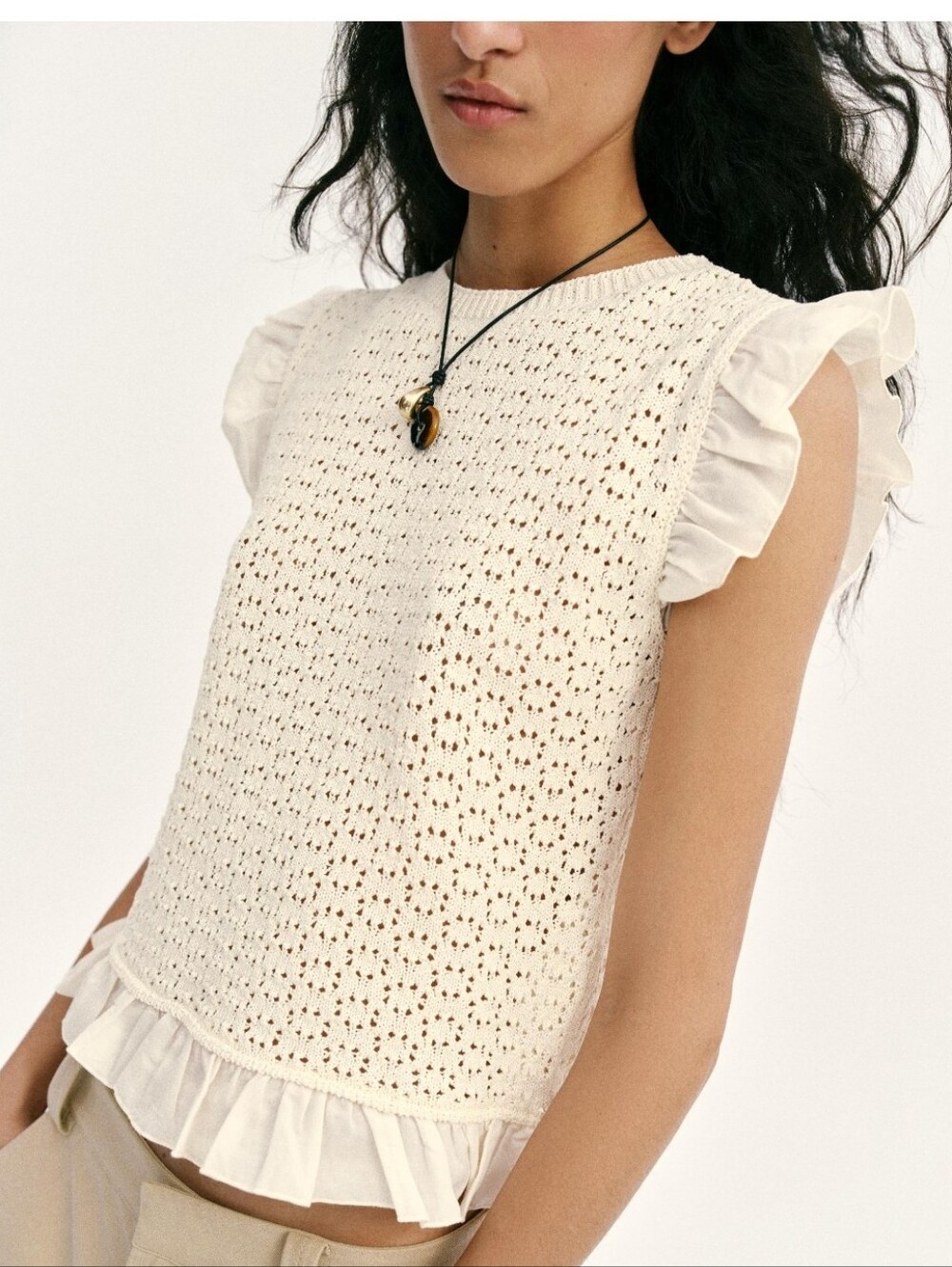 Zara Pointelle Ruffle Knit Top Cream Womens M Feminine Cap Sleeve Boho Cottage